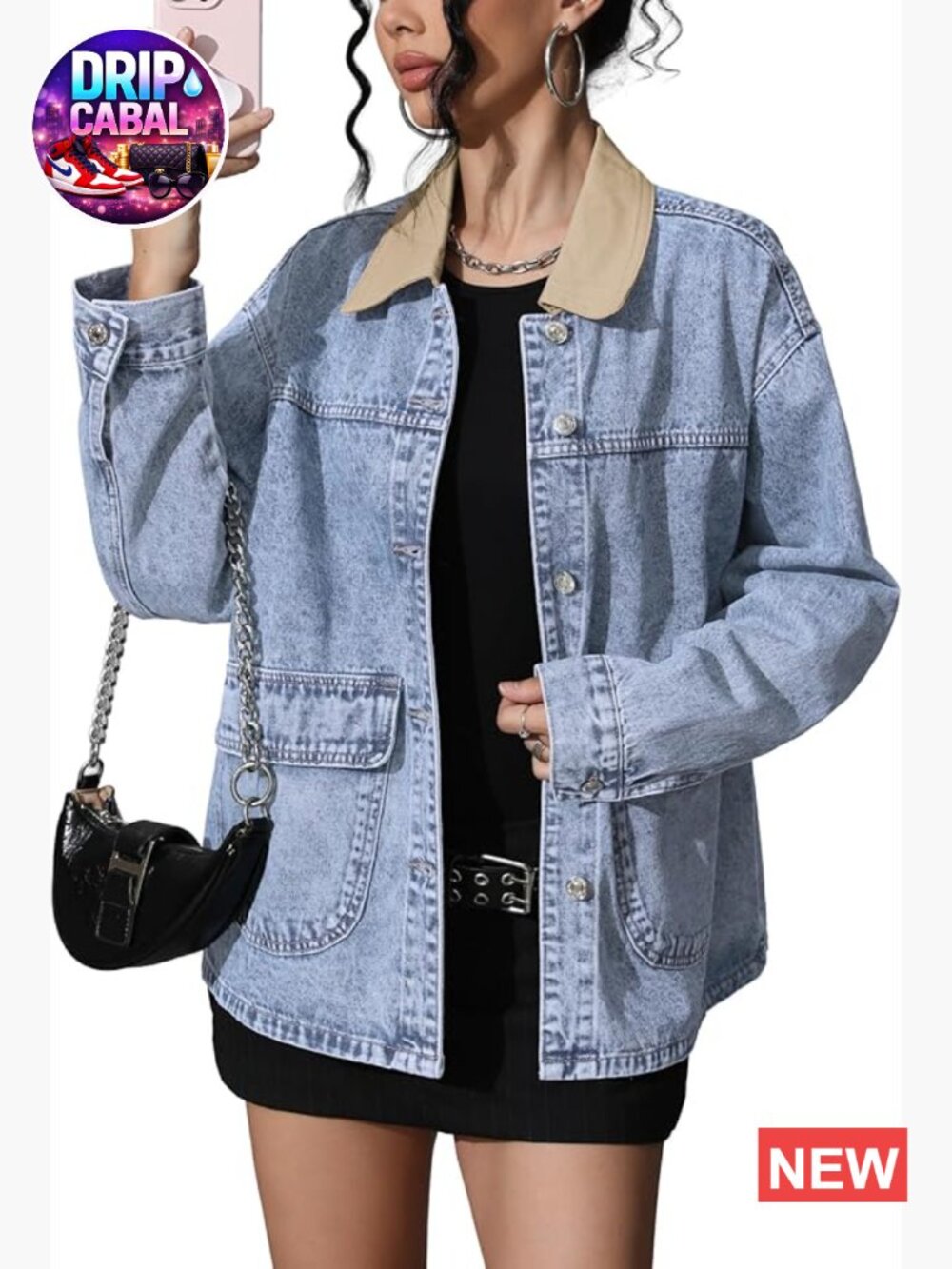 Oversized Denim Barn Jacket with Contrast Collar and Pockets